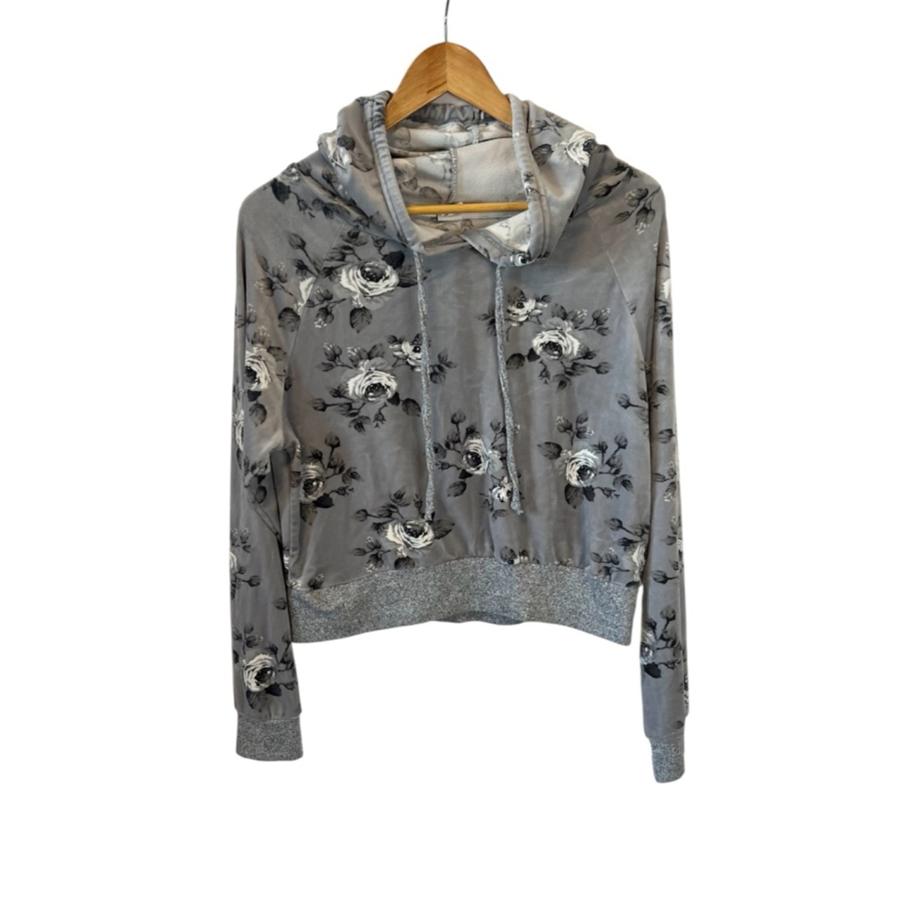 Women's Weekend Edition Gray Floral Cropped Velvet Hoodie S